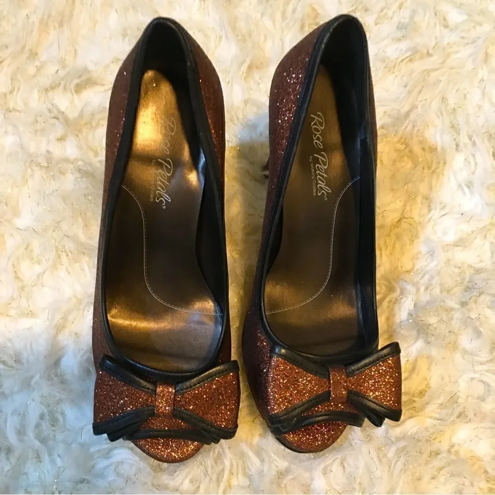 Rose Petals Copper Bling glitter Bow Heels with leather Trim